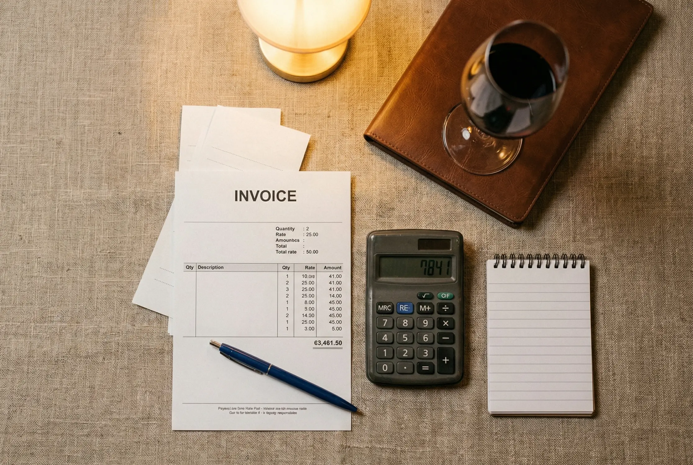 Factura y calculadora sobre la mesa de un restaurante — análisis de coste de gestores de reservas