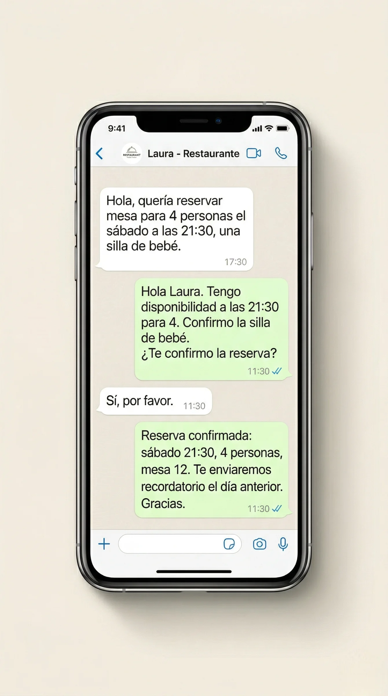 Conversación de WhatsApp reservando mesa en restaurante con agente de IA — alternativa sin comisión a TheFork y CoverManager
