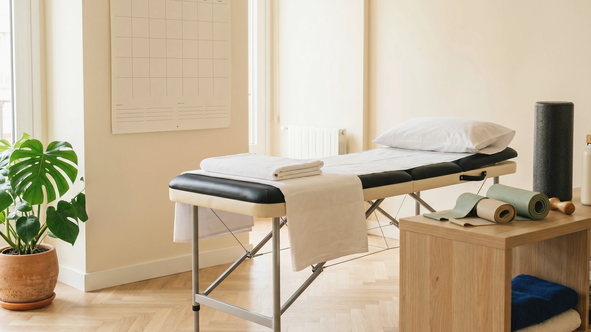 Camilla y sala de tratamiento de una clínica de fisioterapia ordenada
