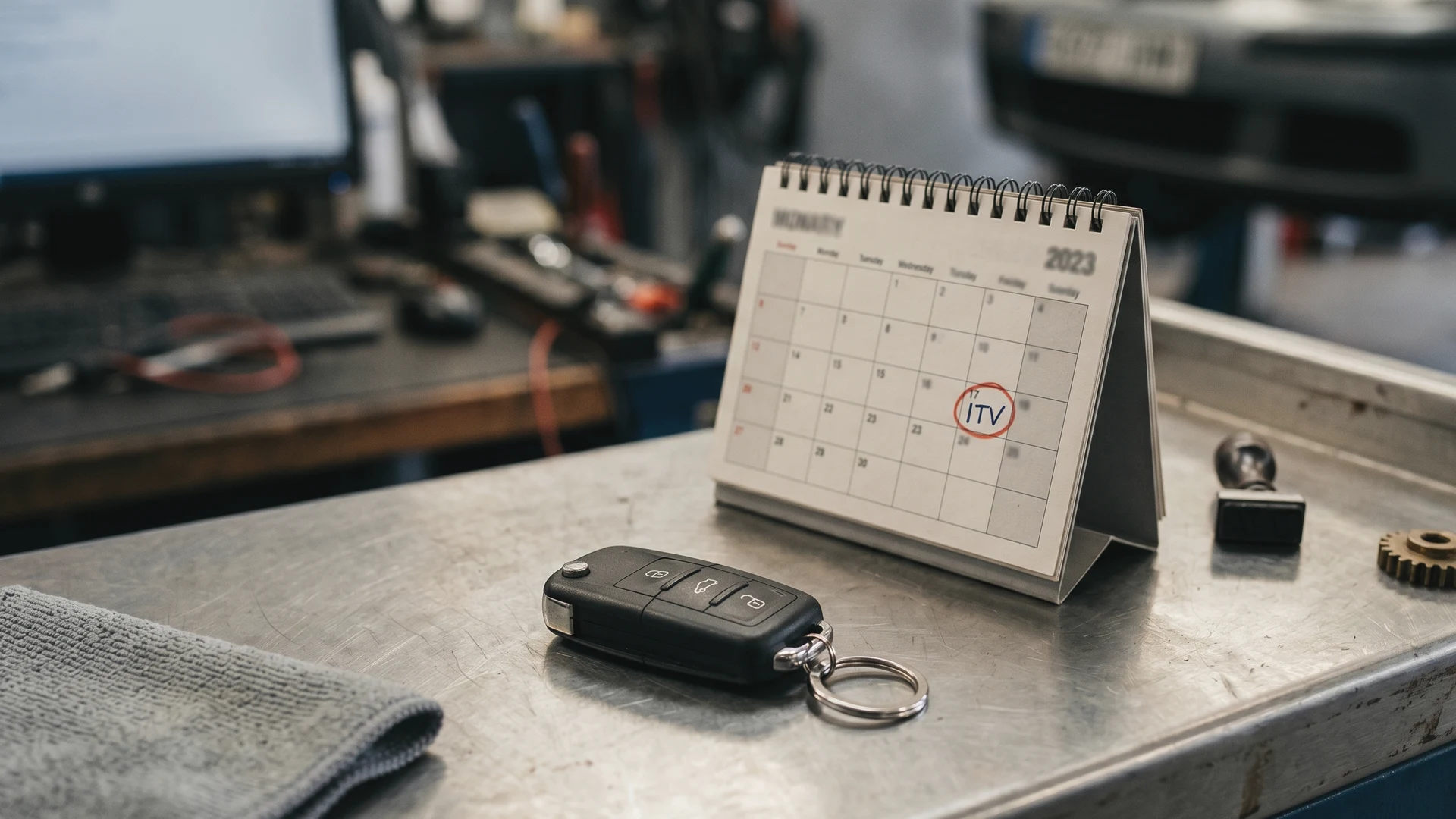 Calendario y llave de coche sobre el mostrador de un taller mecánico