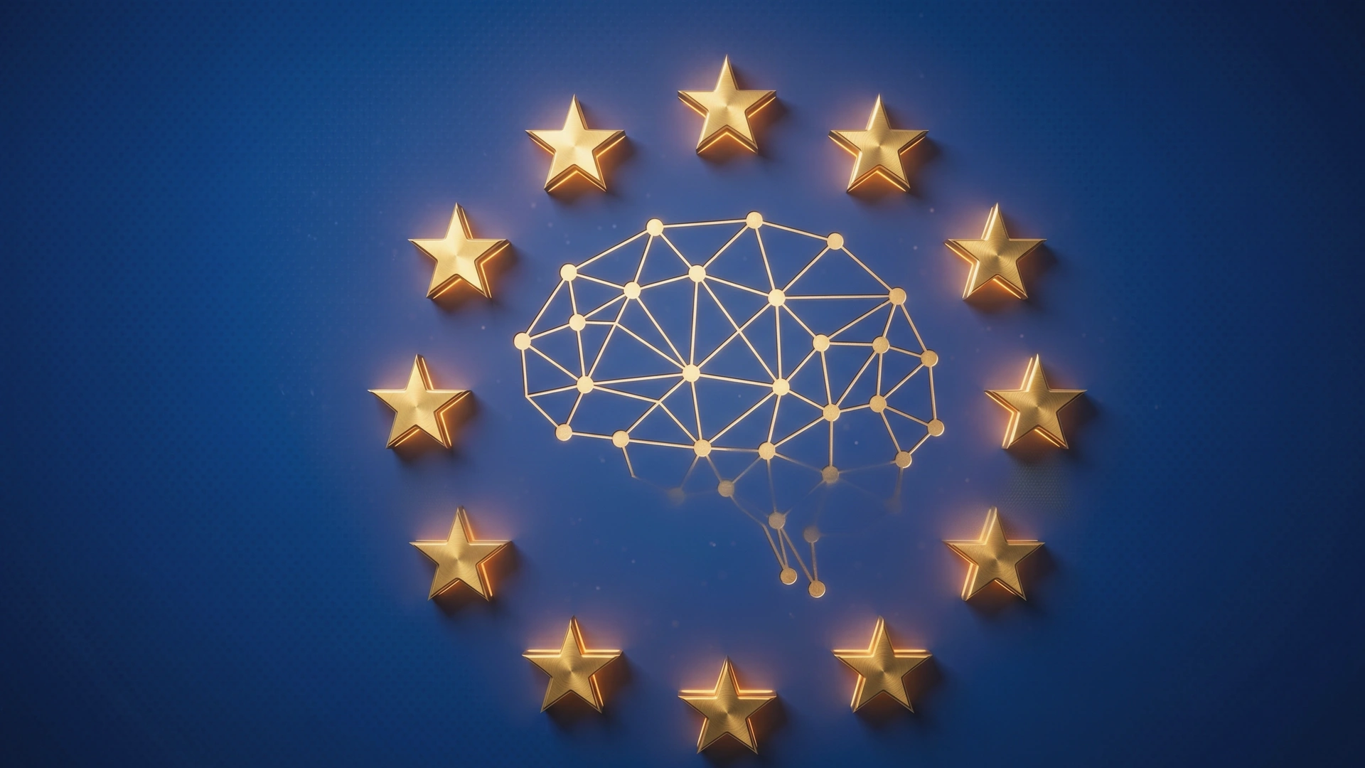 Bandera de la Unión Europea junto a un símbolo de inteligencia artificial