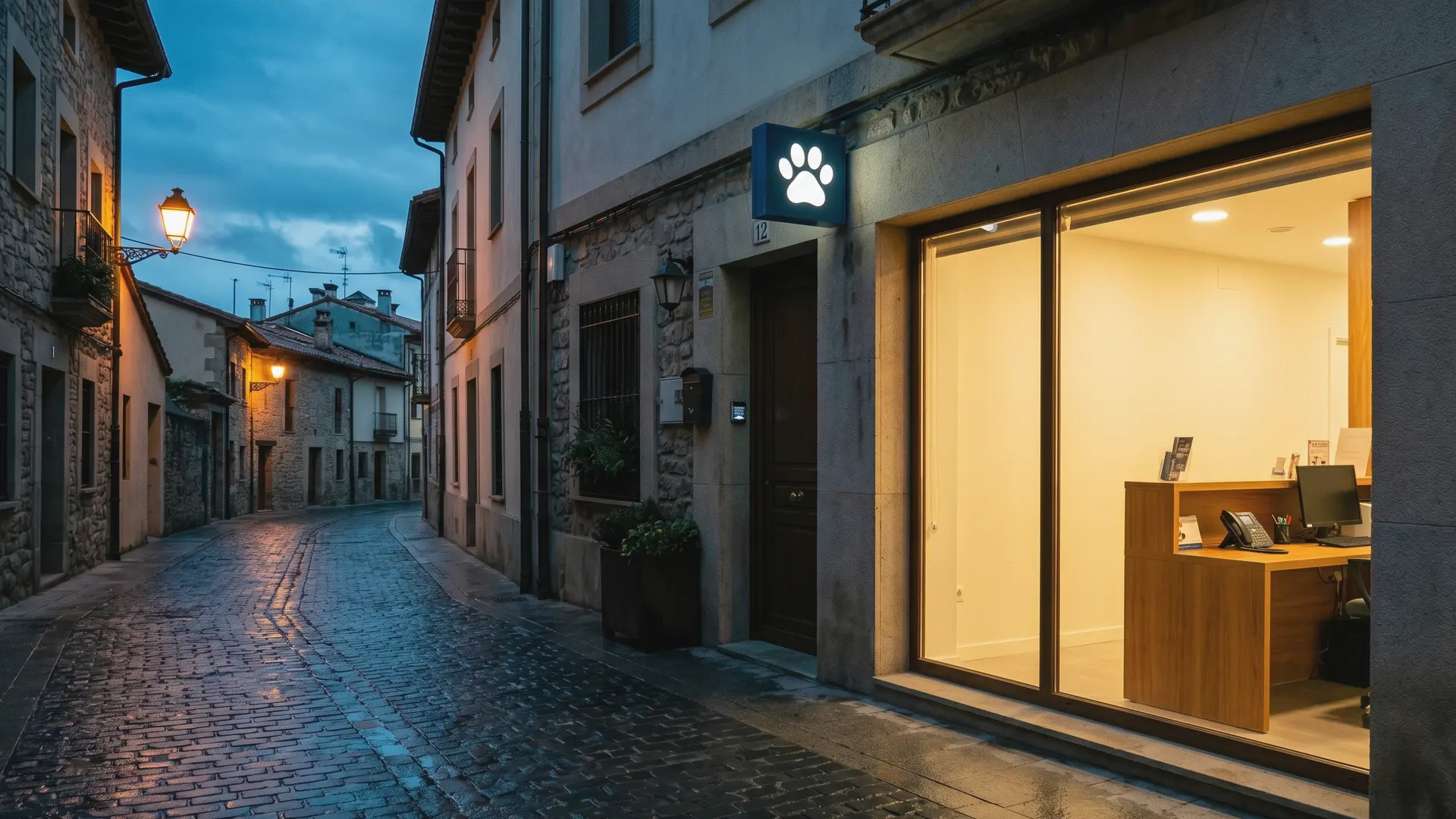 Recepción de una clínica veterinaria de noche con la luz encendida