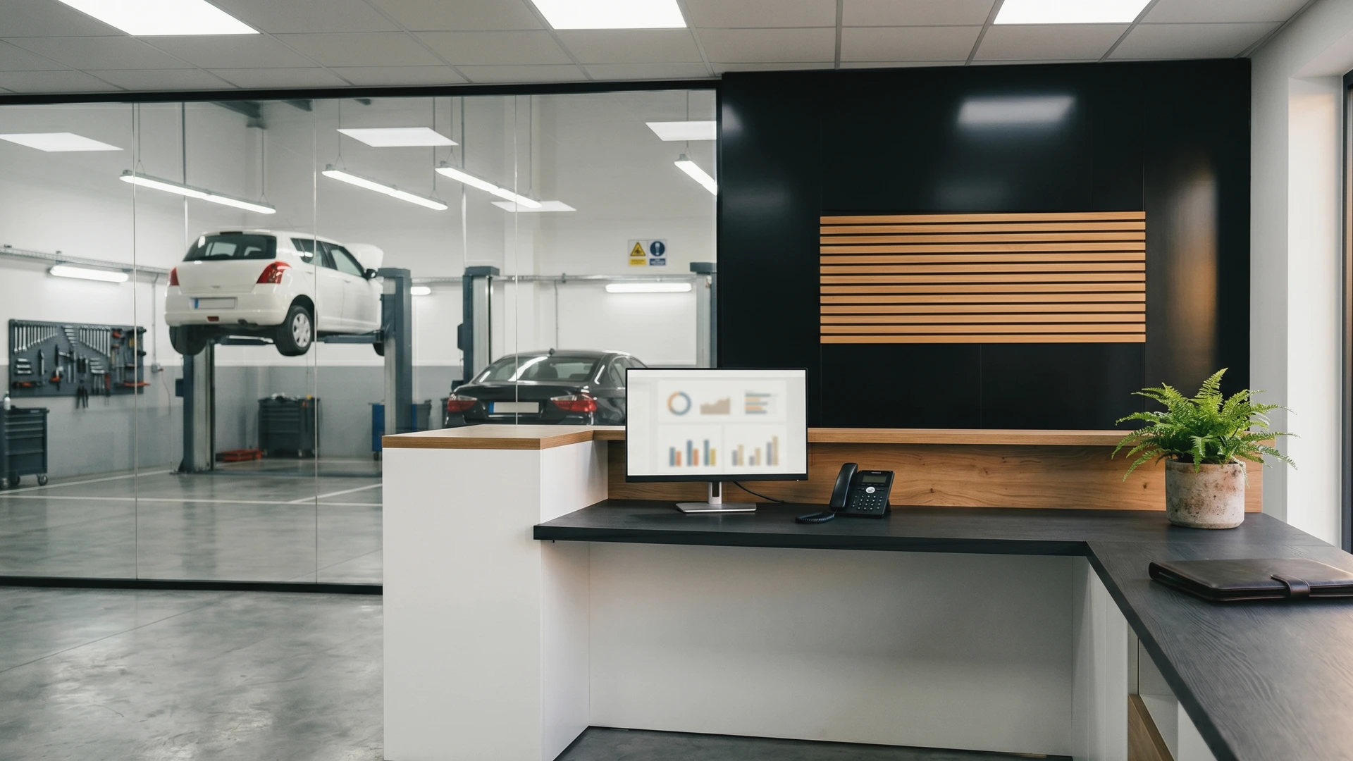 Mostrador de recepción de un taller mecánico moderno y ordenado