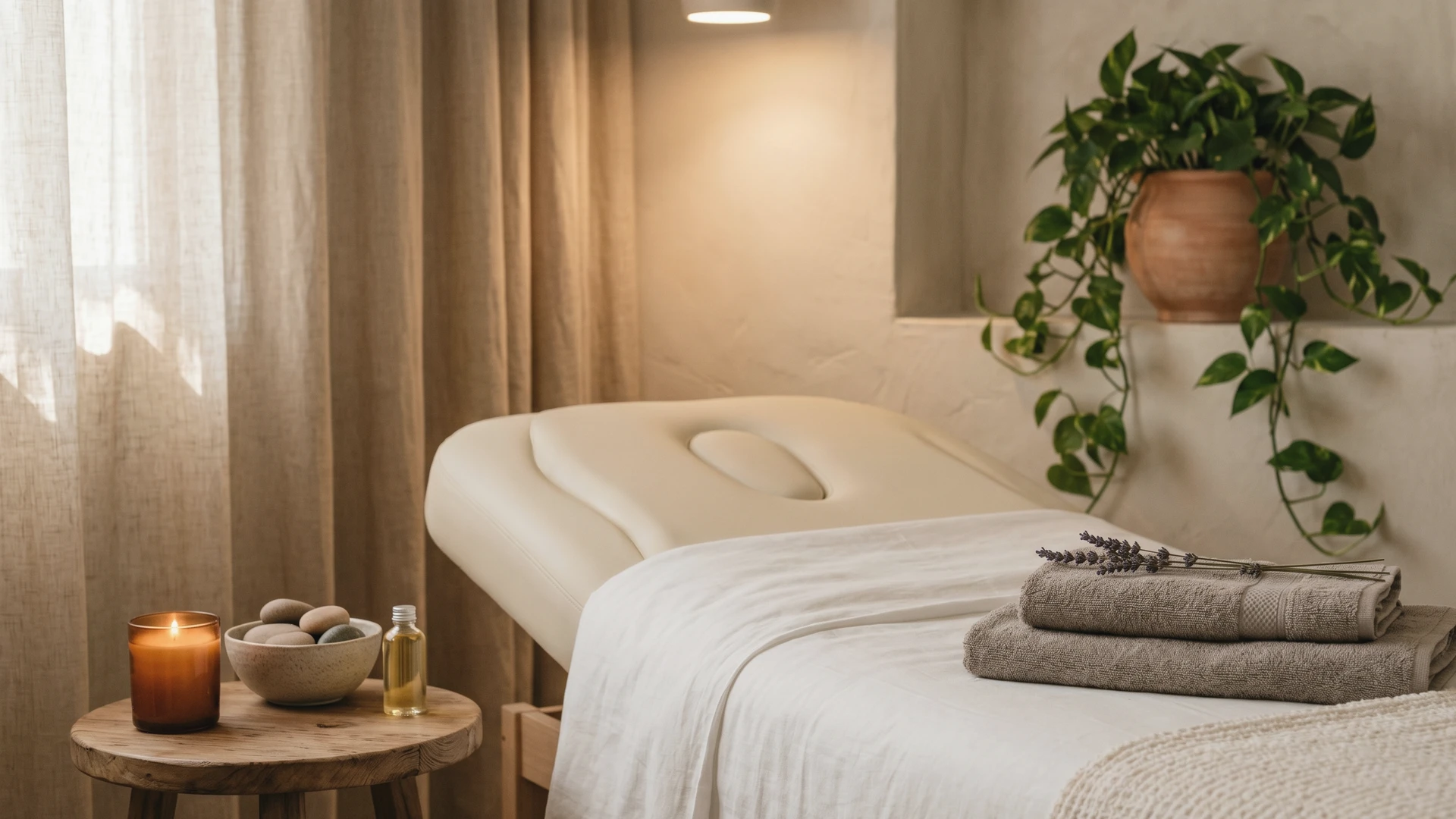 Cabina de tratamiento de un centro de estética cuidada y serena