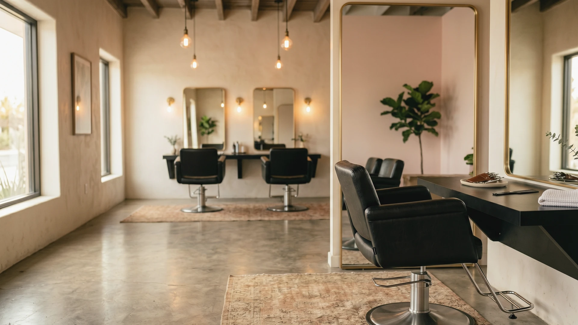 Sillón de peluquería vacío frente a un espejo en un salón moderno