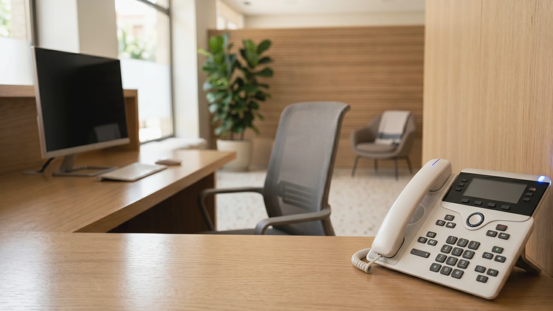 Recepción de una clínica dental moderna con un teléfono sonando sin atender