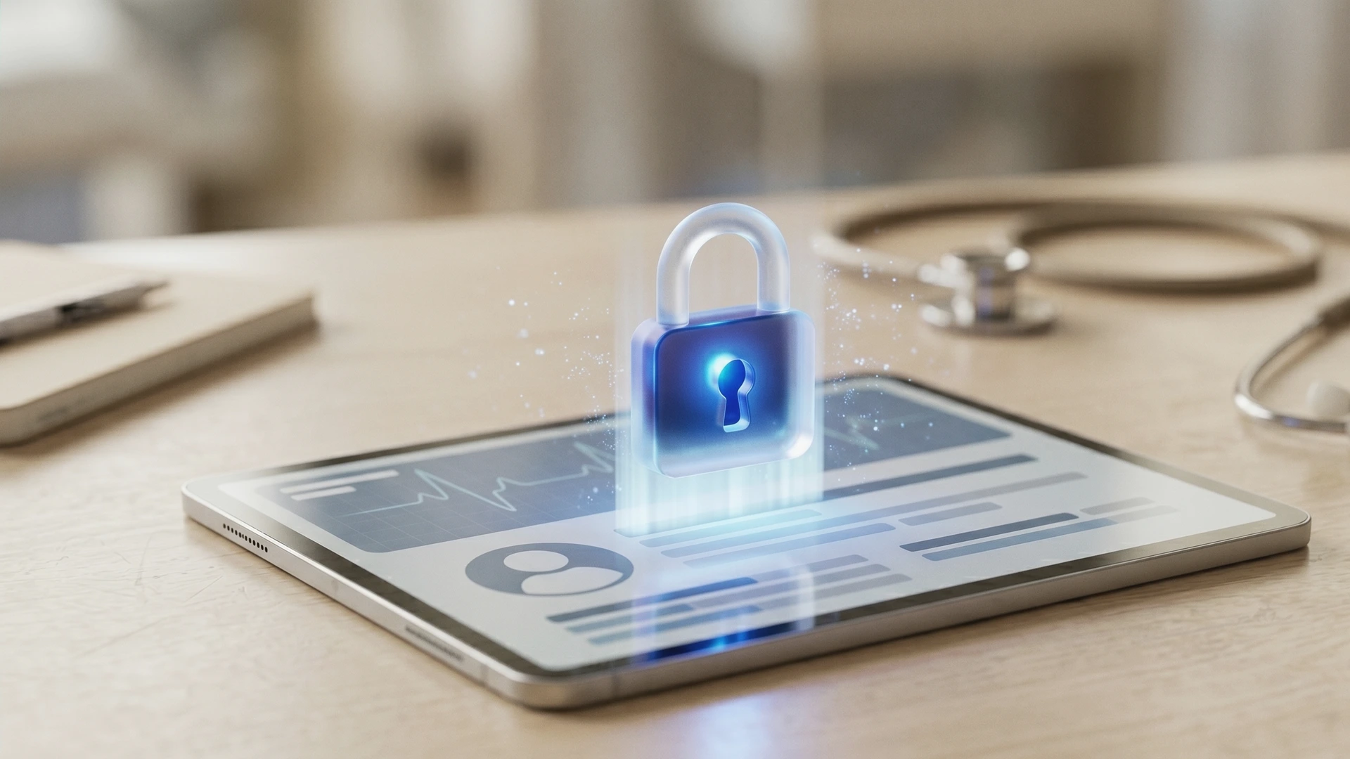 Concepto de protección de datos de salud con un candado sobre una historia clínica digital