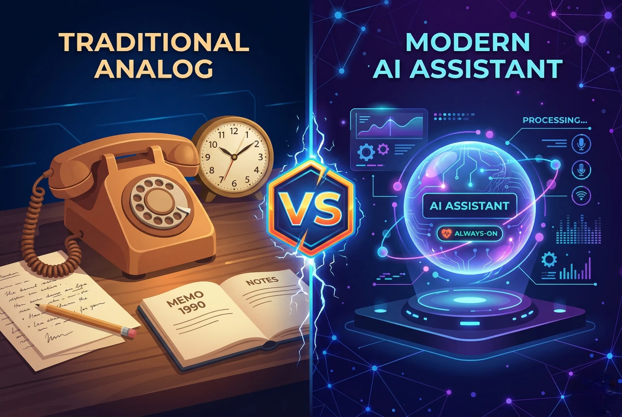 Infografía comparativa: asistente IA 24/7 frente a secretaria virtual tradicional