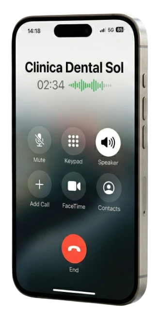 iPhone mostrando llamada activa con Clínica Dental Sol